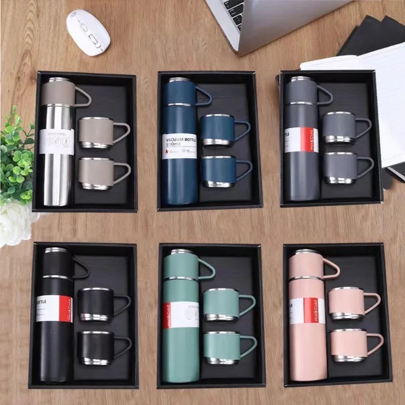 Business 304 stainless steel vacuum thermos cup set, a cup of three-lid gift straight cup portable outdoor gift box set