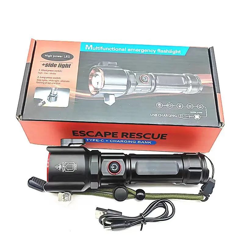 New-Style Zoom Flashlight: Outdoor High-Power, Type-C Charging, Dual-Light Source, with Power Bank Function & Safety Hammer