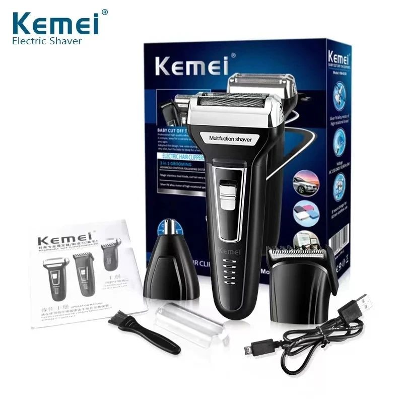 Kemei Multi-functional Waterproof 3 In 1 Grooming kit Cutter Head USB Beard Men Razor Nose Hair Trimming Electric Shaver KM-6559